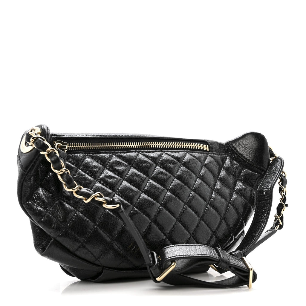 Crumpled Glazed Lambskin Quilted Waist Bag Fanny Pack Black