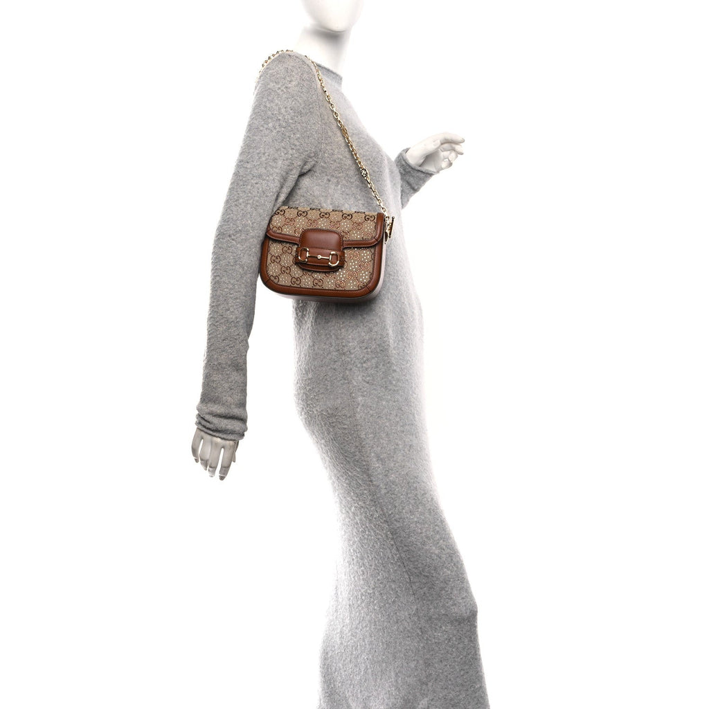 New Canvas Charisma Calfskin Crystal GG Monogram Mini Horsebit 1955 Shoulder Bag Camel Ebony