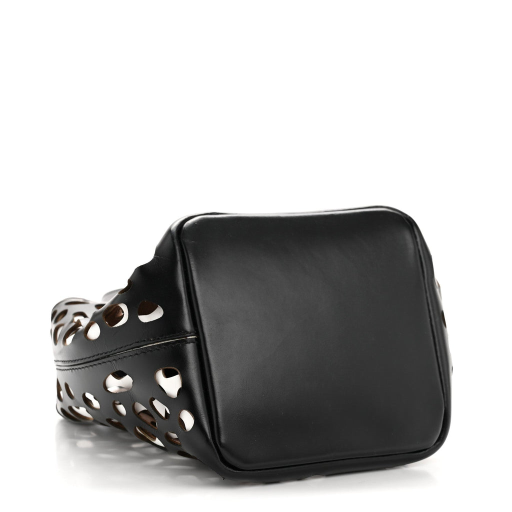 Calfskin Laser Cut Bucket Bag Black White