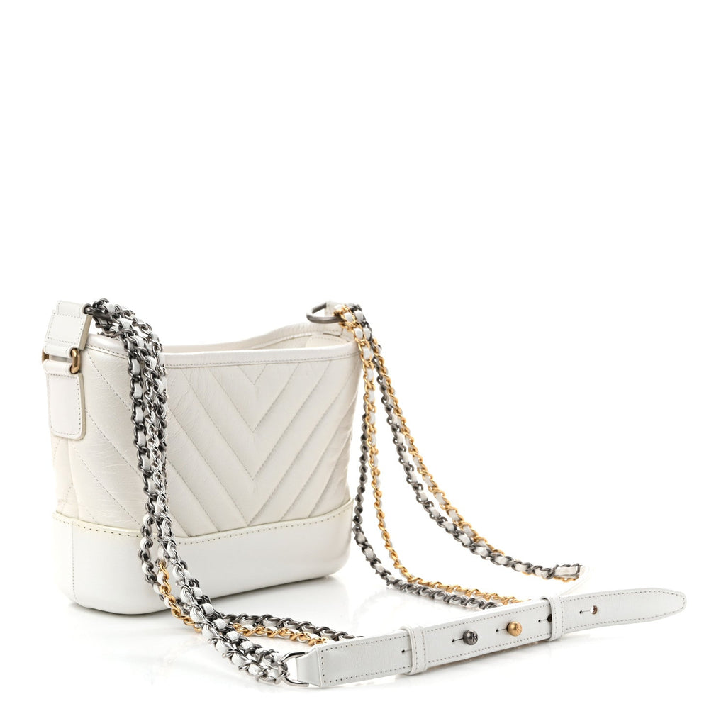 Iridescent Aged Calfskin Chevron Quilted Small Gabrielle Hobo White