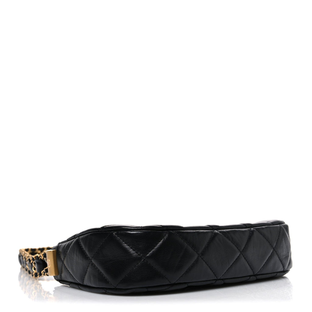 Crumpled Calfskin Quilted Braided CC Small Hobo Black