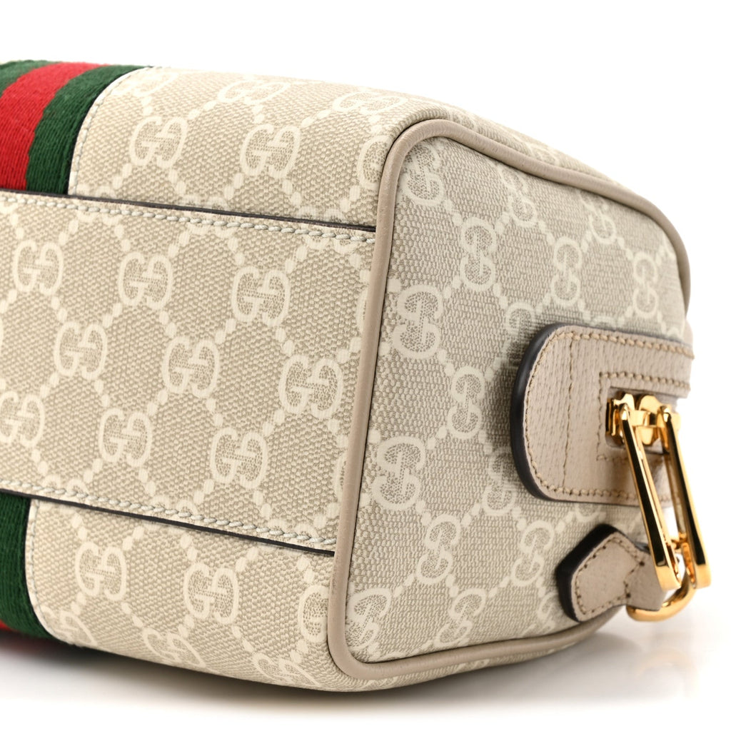 GG Supreme Monogram Textured Dollar Calfskin Web Ophidia Mini Top Handle Bag Beige Mystic White Oatmeal