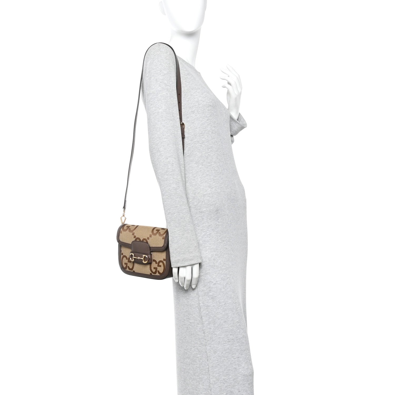 Monogram Jumbo GG Textured Dollar Calfskin Web Mini Horsebit 1955 Shoulder Bag Camel Ebony New Acero