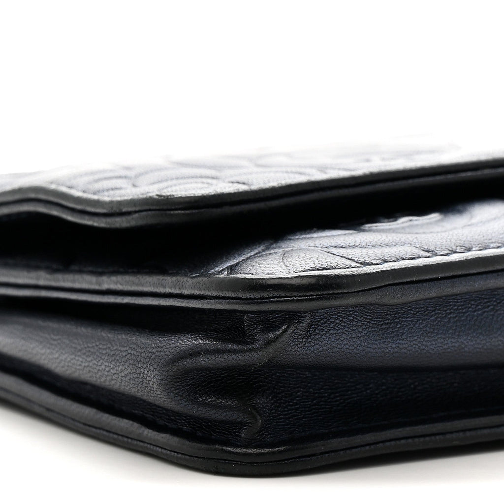 Metallic Lambskin Camellia Embossed Wallet on Chain WOC Navy