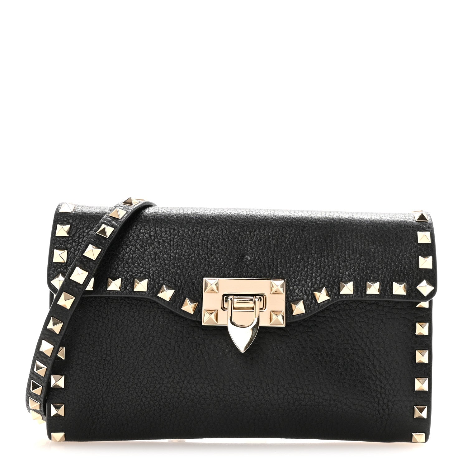 Pebbled Calfskin Rockstud Flip Lock Shoulder Bag Black