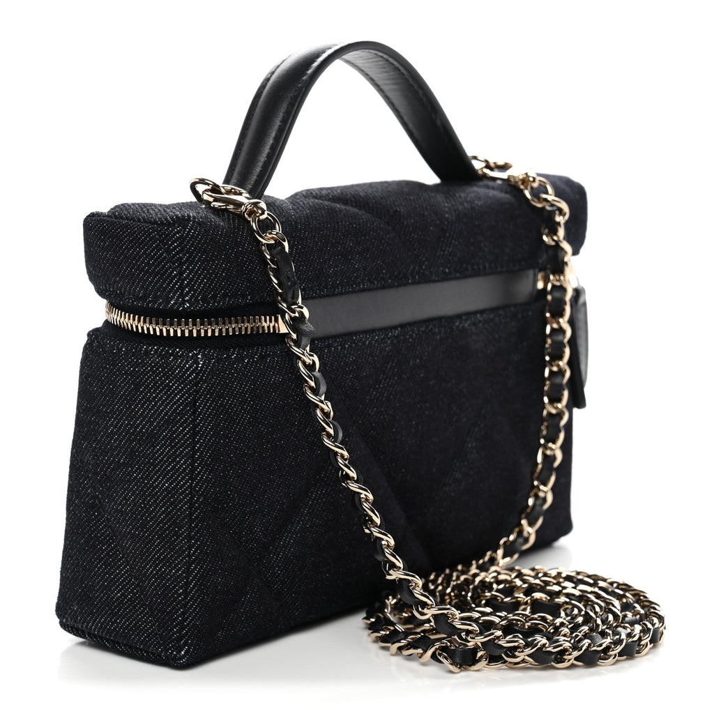 Denim Quilted Top Handle Slim Vanity Case With Chain Dark Blue