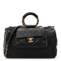 Grained Calfskin Lambskin Quilted Large Bowling Bag Black