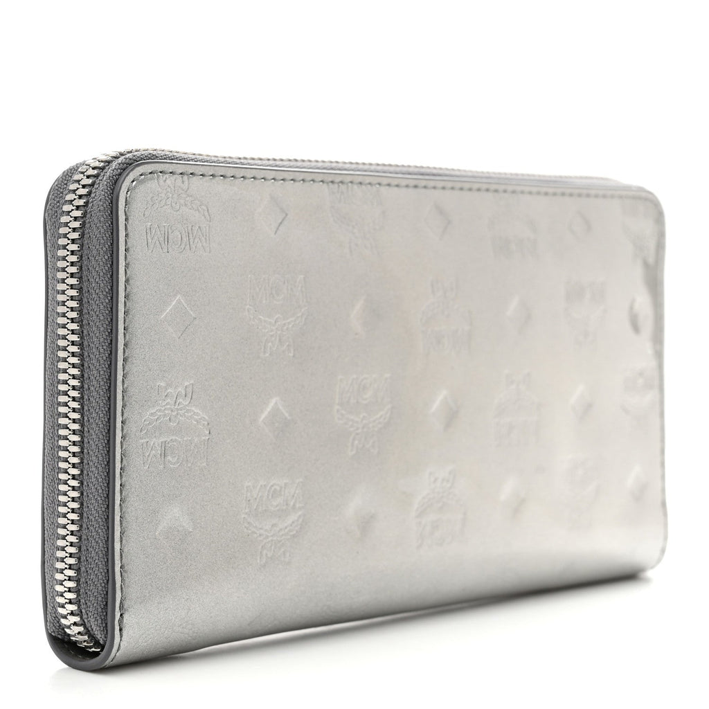 Metallic Monogram Patent Large Zip Around Wallet Silver