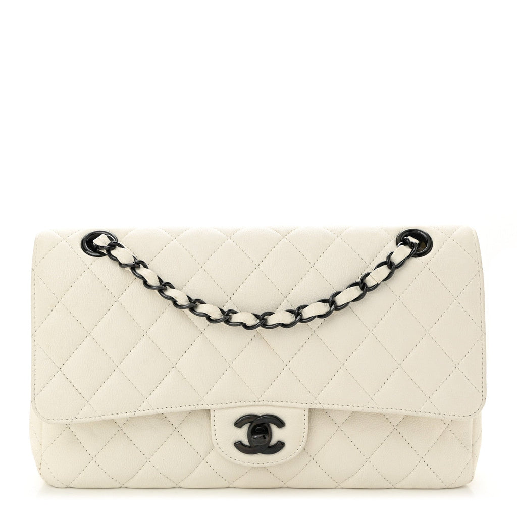 Crumpled Calfskin Quilted Medium Double Flap White