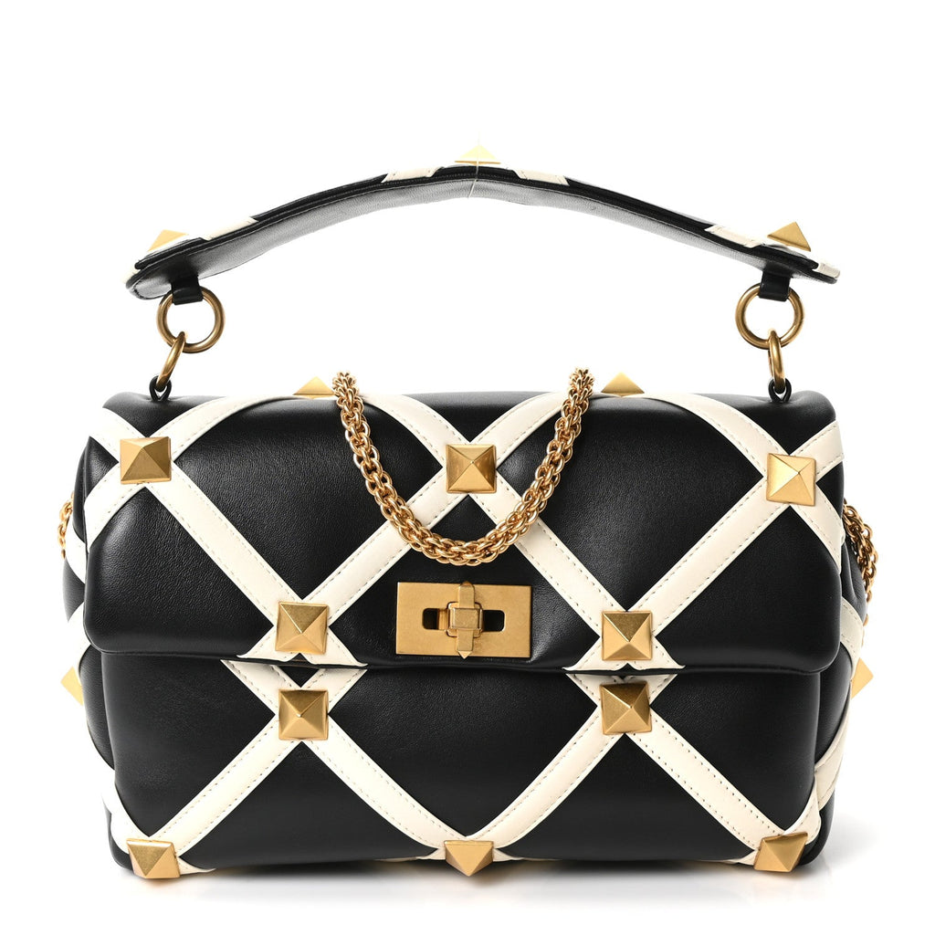 Nappa Large Roman Stud Shoulder Bag Black White