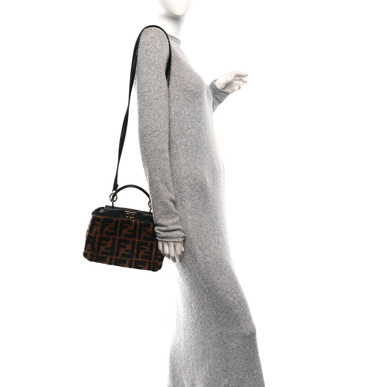 Shearling Nappa Macro FF 1974 Mini Peekaboo Iconic Satchel Tobacco Black