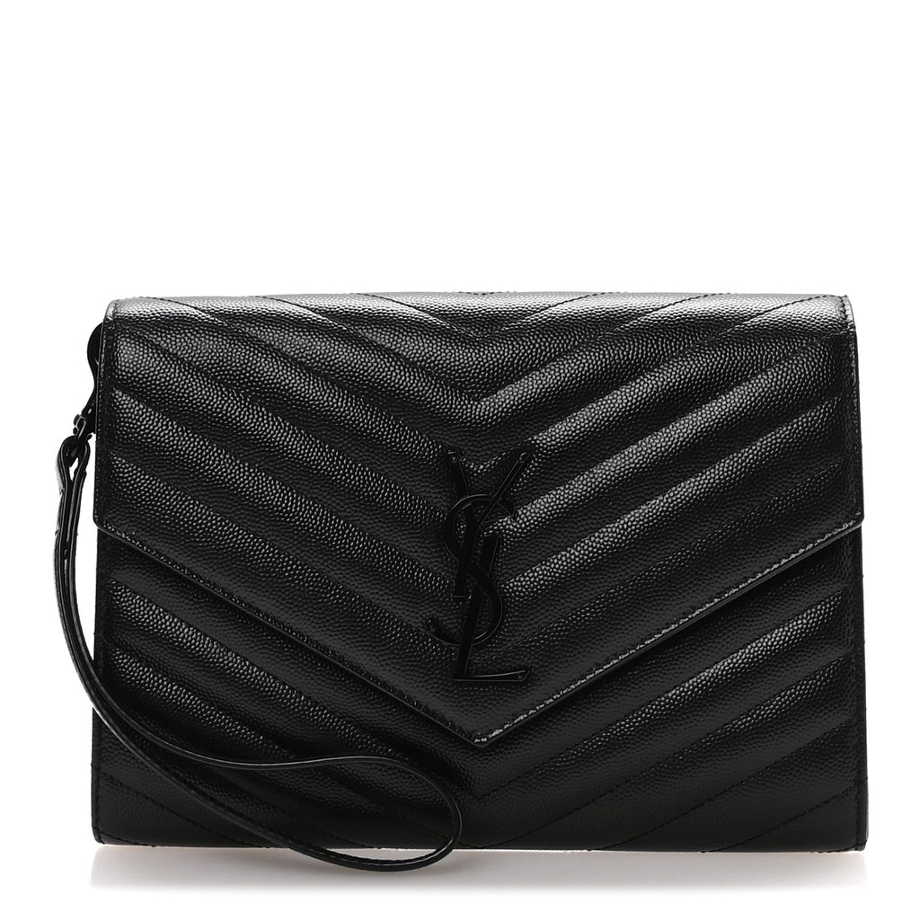 Grain De Poudre Matelasse Chevron Monogram Monochrome Envelope Clutch Black