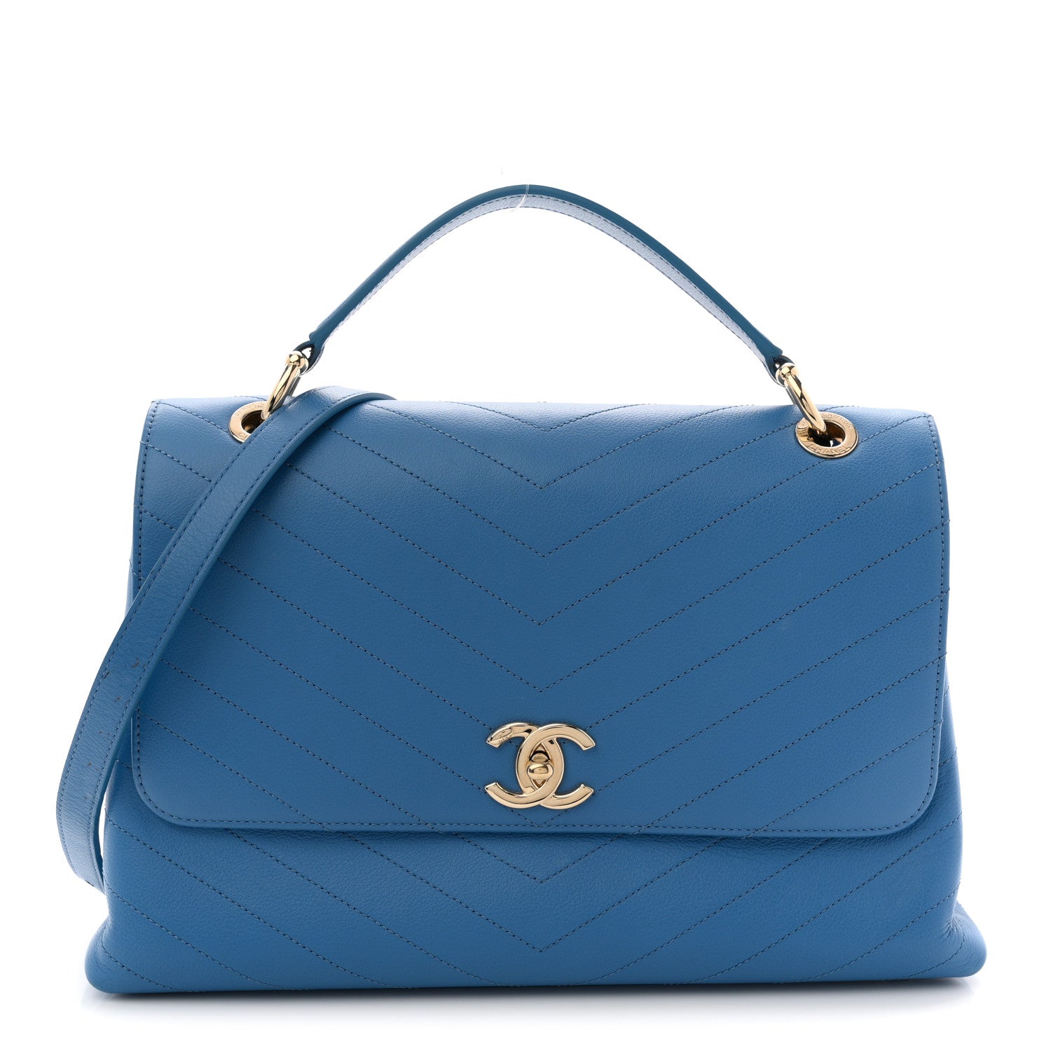 Grained Calfskin Medium Chevron Chic Top Handle Flap Blue