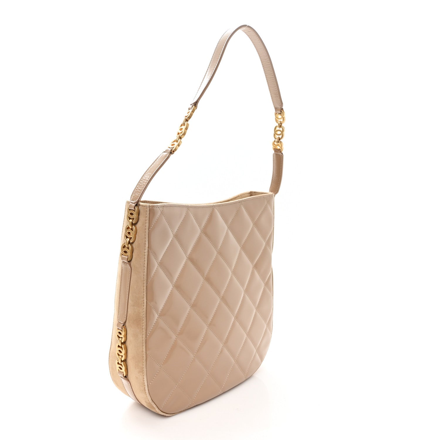 Shiny Calfskin Suede Goatskin Quilted Hobo Beige
