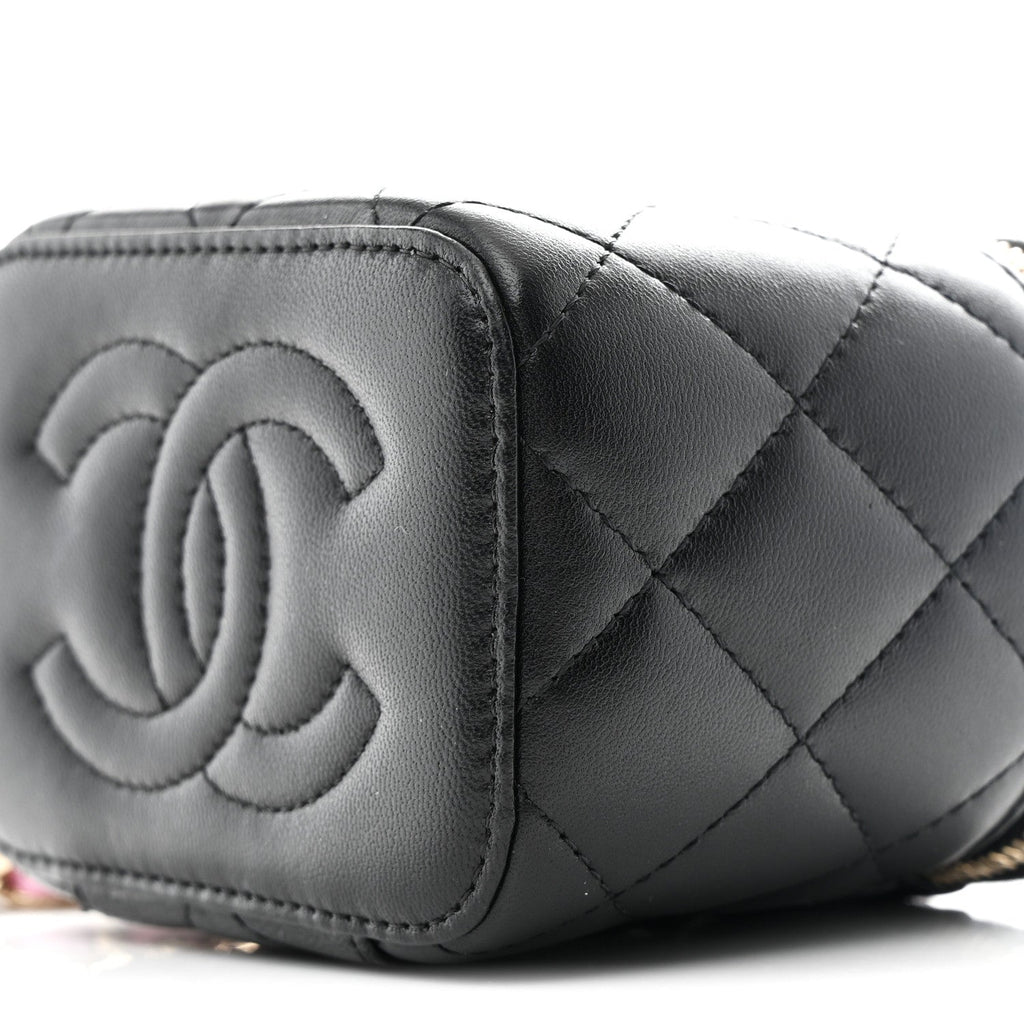 Lambskin Quilted Top Handle Mini Vanity Case With Chain Black Pink