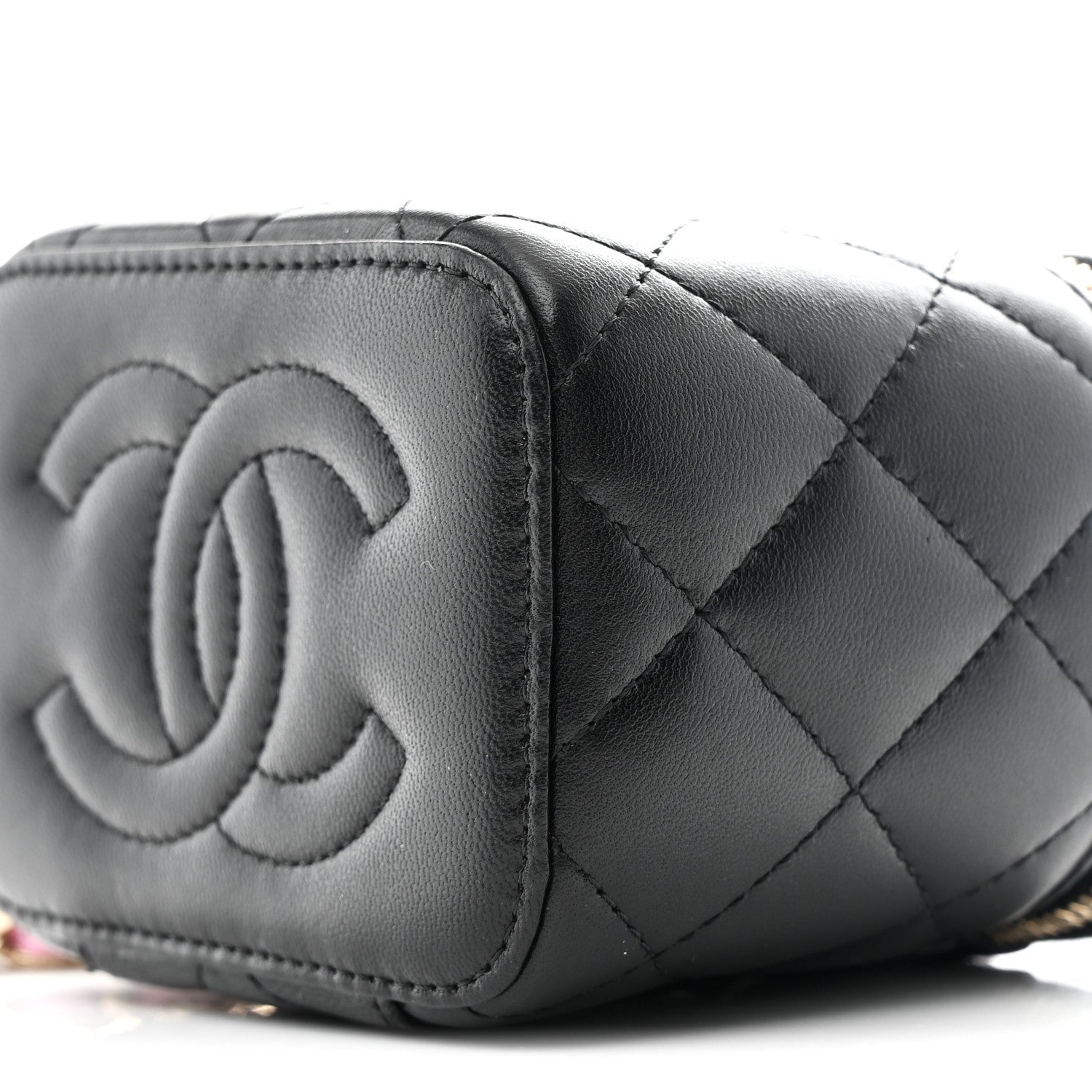 Lambskin Quilted Top Handle Mini Vanity Case With Chain Black Pink