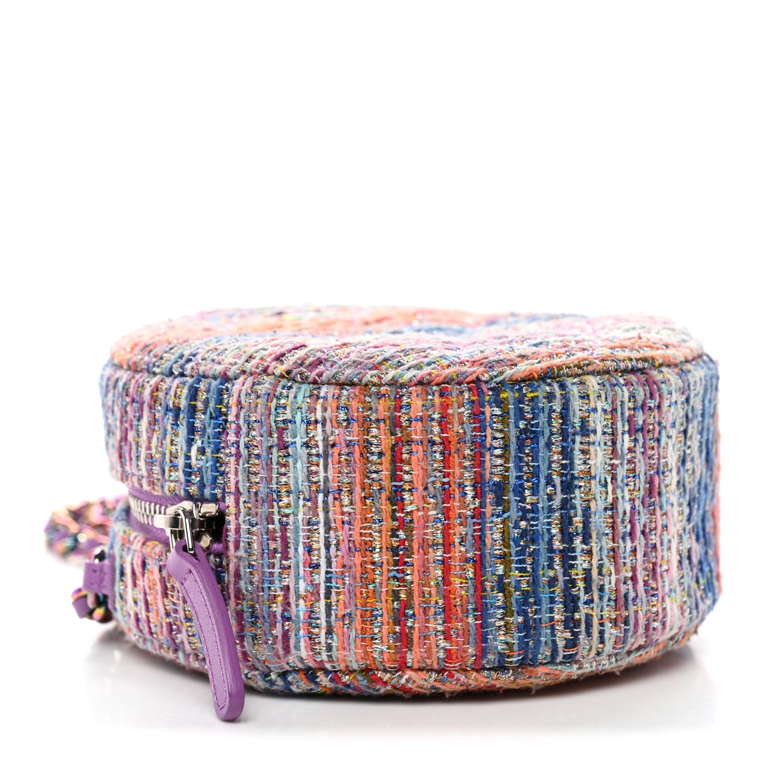 Tweed Quilted Round Clutch With Chain Blue Pink Orange