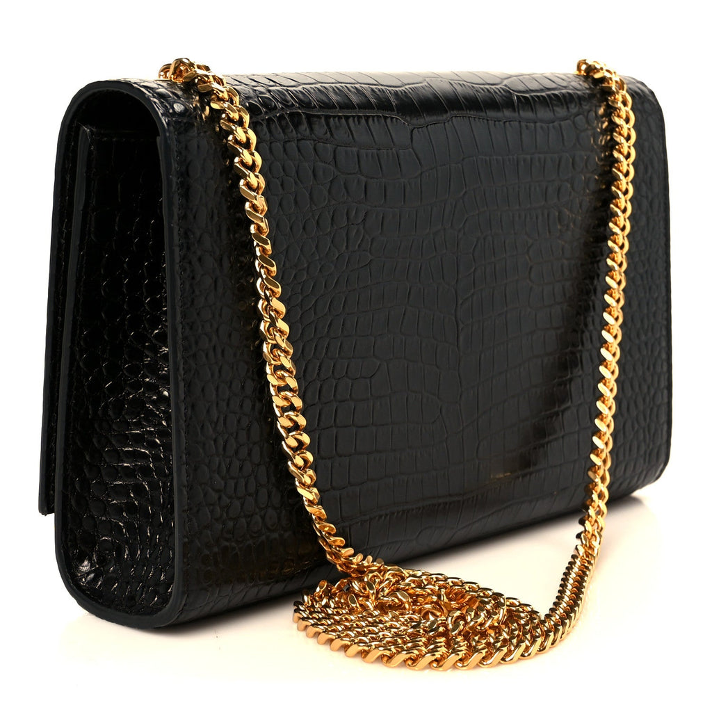 Calfskin Crocodile Embossed Medium Classic Monogram Kate Tassel Satchel Black