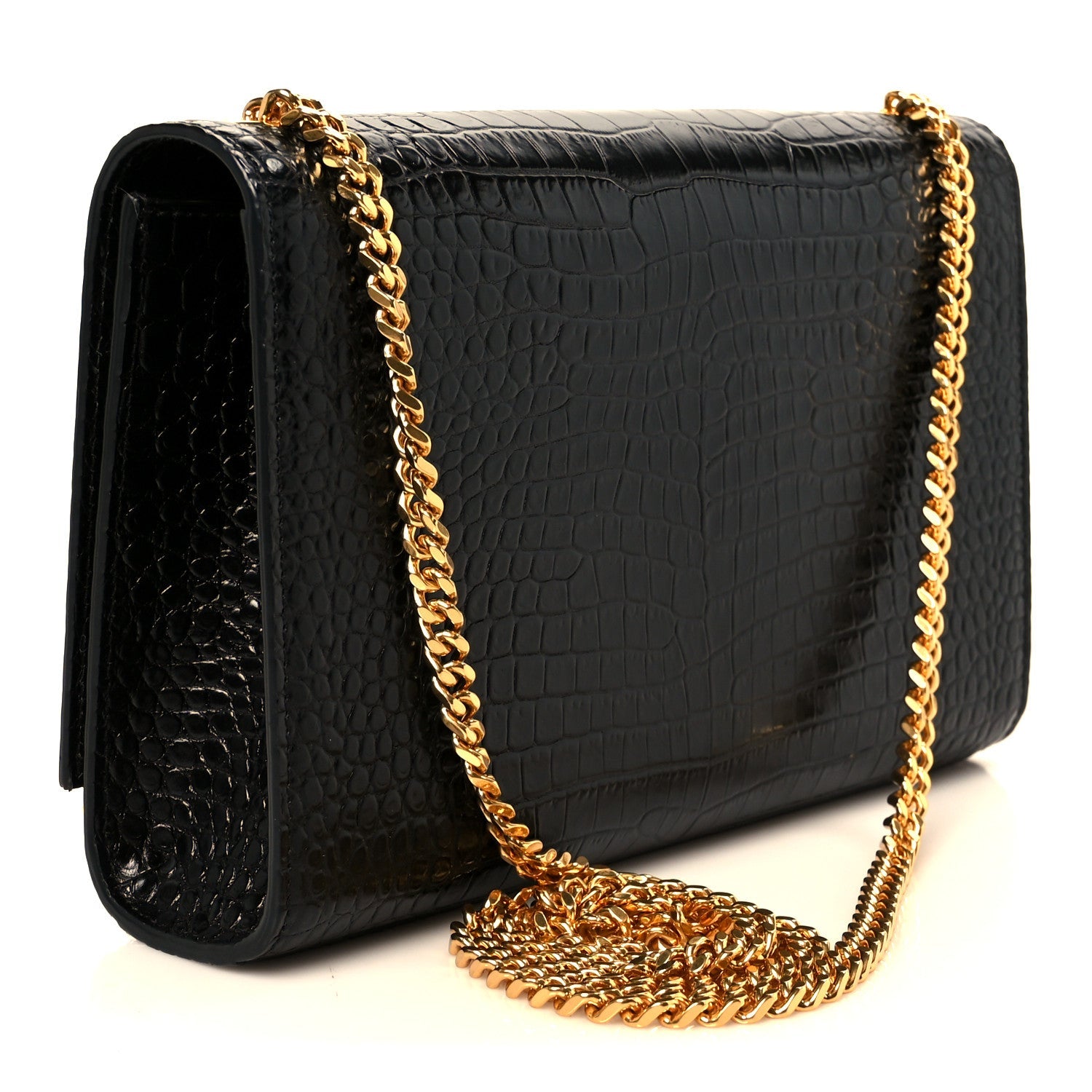 Calfskin Crocodile Embossed Medium Classic Monogram Kate Tassel Satchel Black