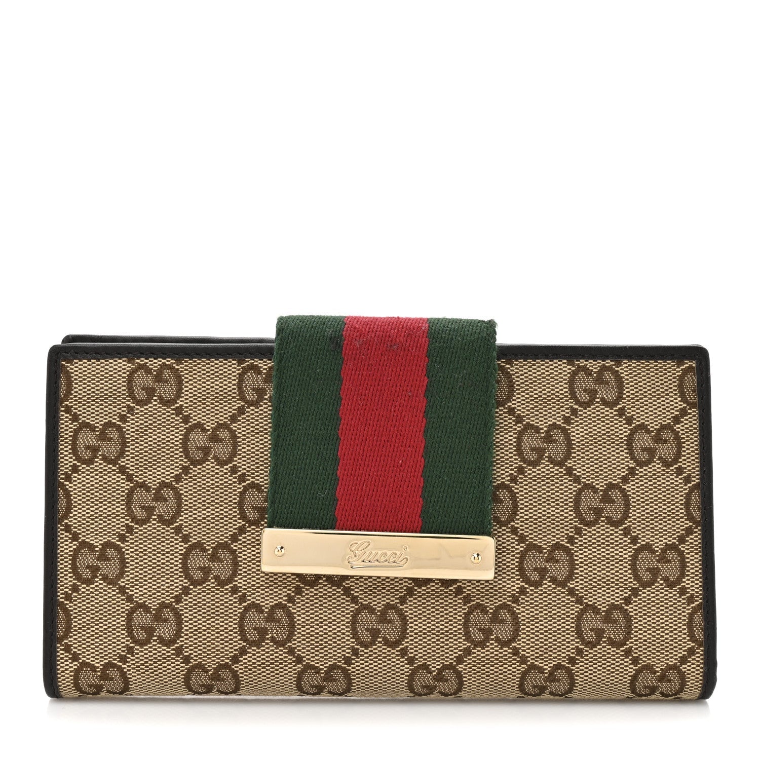 Monogram Calfskin Ladies Web Continental Wallet Beige Ebony Cocoa
