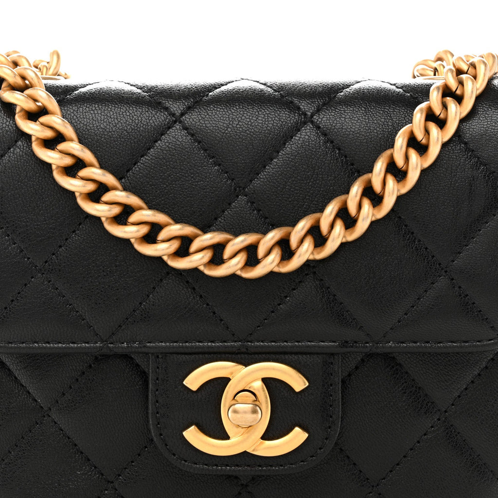 Shiny Goatskin Quilted Mini Chain Strap Flap Black