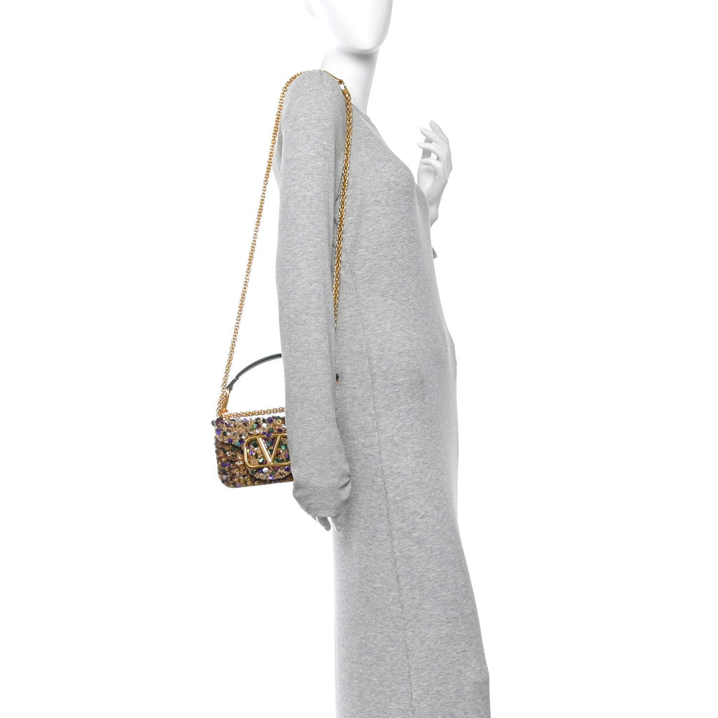 Sequin Crystal Vlogo Embroidered Small Loco Shoulder Bag Gold Multicolor