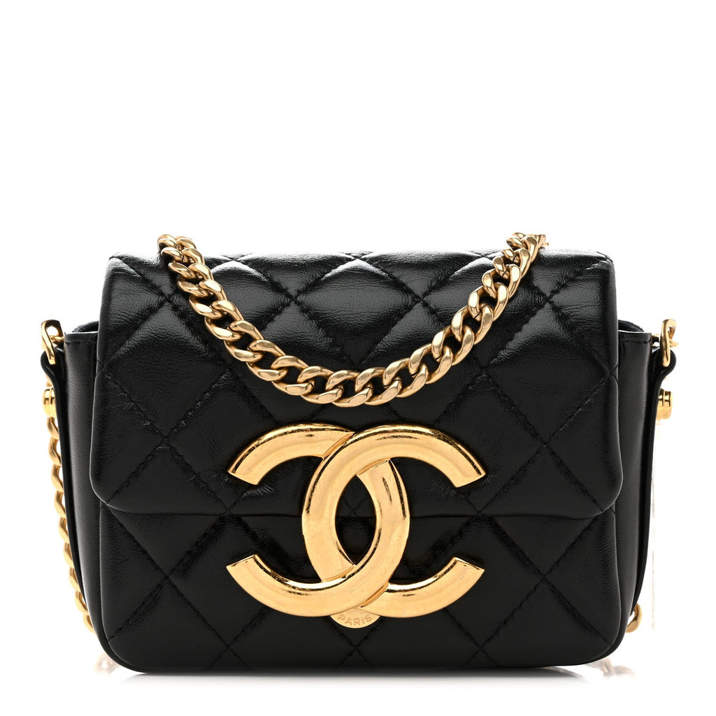 Shiny Crumpled Lambskin Quilted Mini Giant CC Flap Black