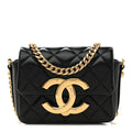 Shiny Crumpled Lambskin Quilted Mini Giant CC Flap Black