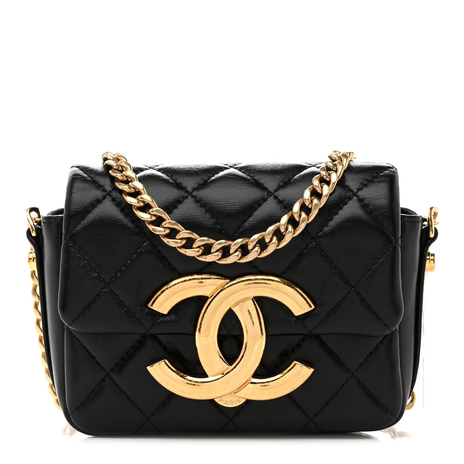 Shiny Crumpled Lambskin Quilted Mini Giant CC Flap Black