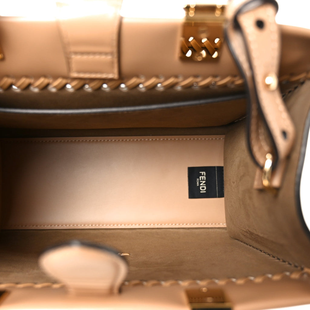 Vitello King Ceylon Plexiglass Woven Logo Debossed Small Fendi Sunshine Shopper Tote Miele Scuro
