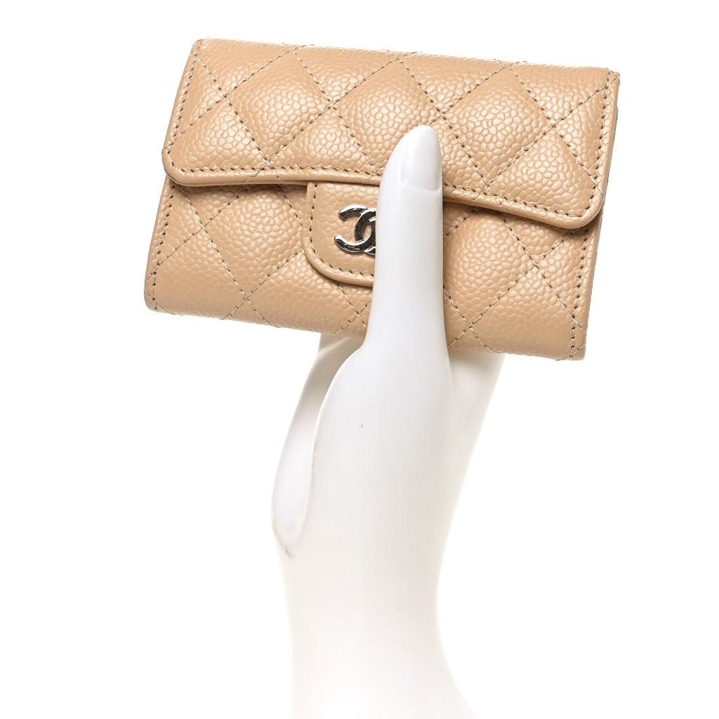 Caviar Quilted Flap  Holder Wallet Beige