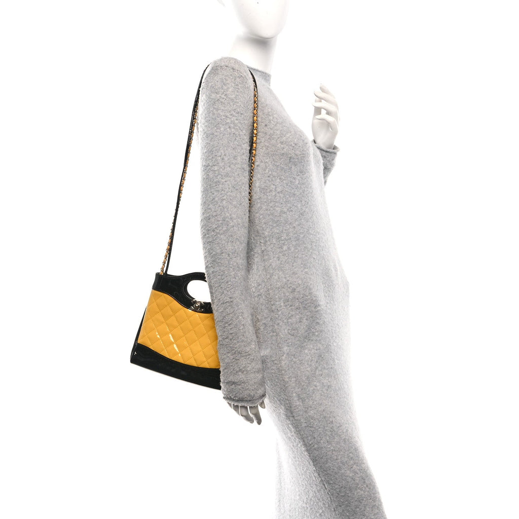 Patent Calfskin Quilted Mini 31 Shopping Bag Yellow Black