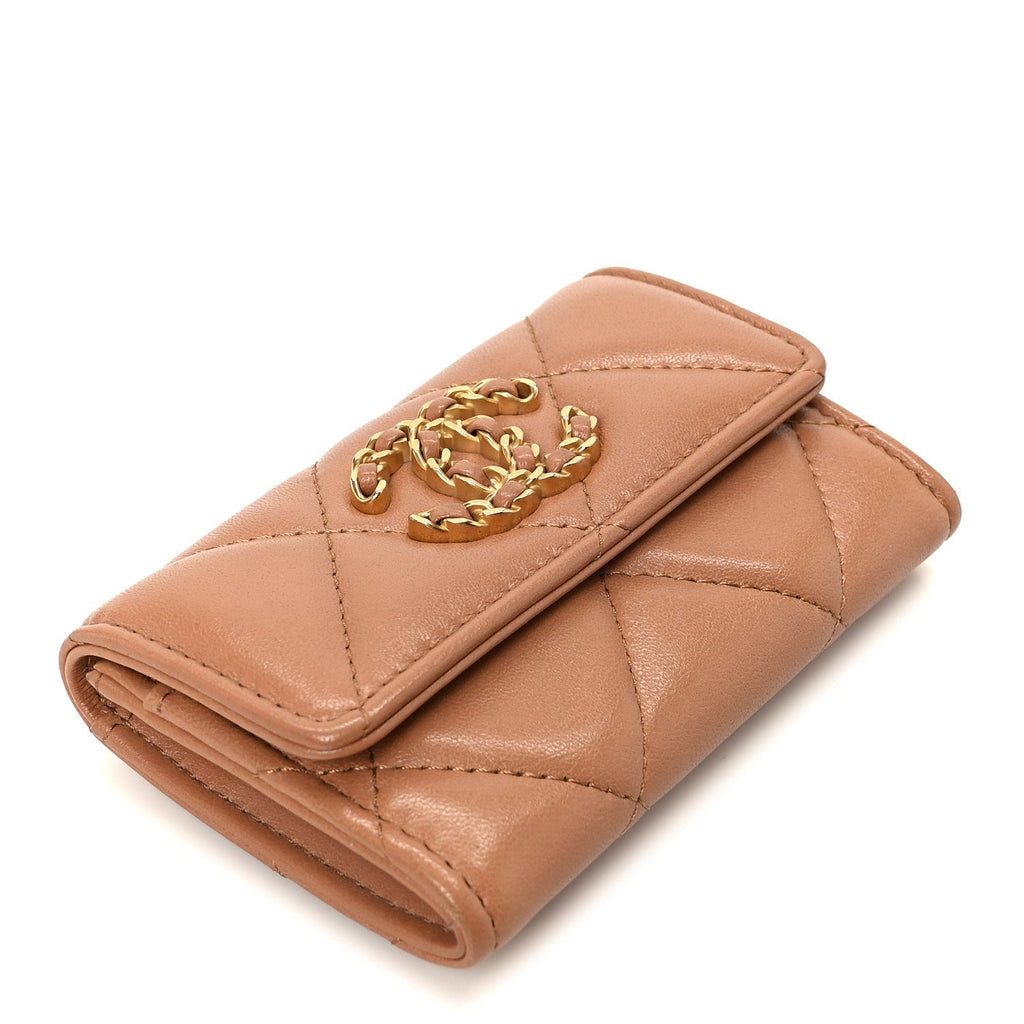 Lambskin Quilted Chanel 19 Flap  Holder Brown