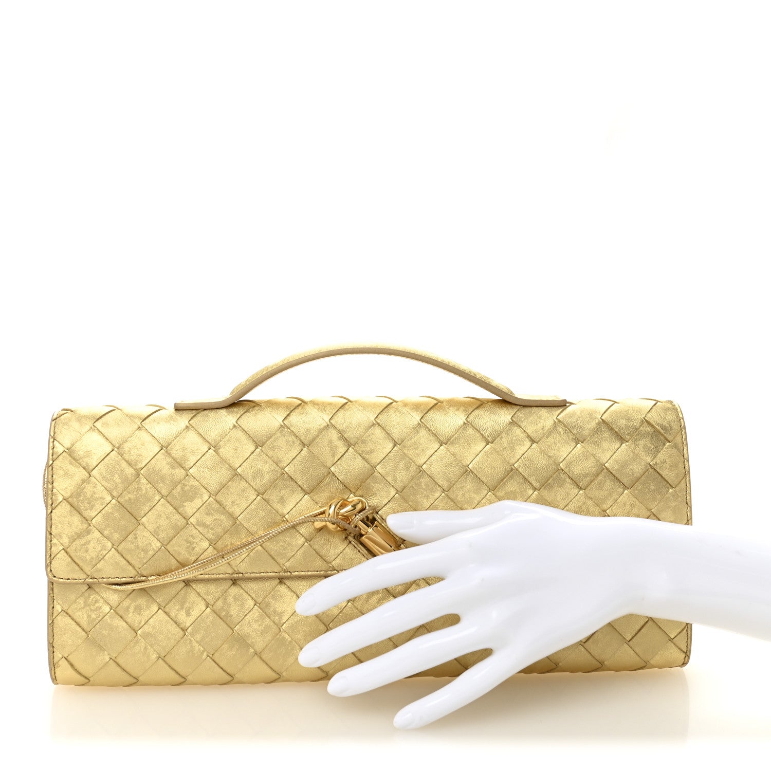 Metallic Satin Lambskin Intrecciato Long Andiamo Top Handle Clutch Gold