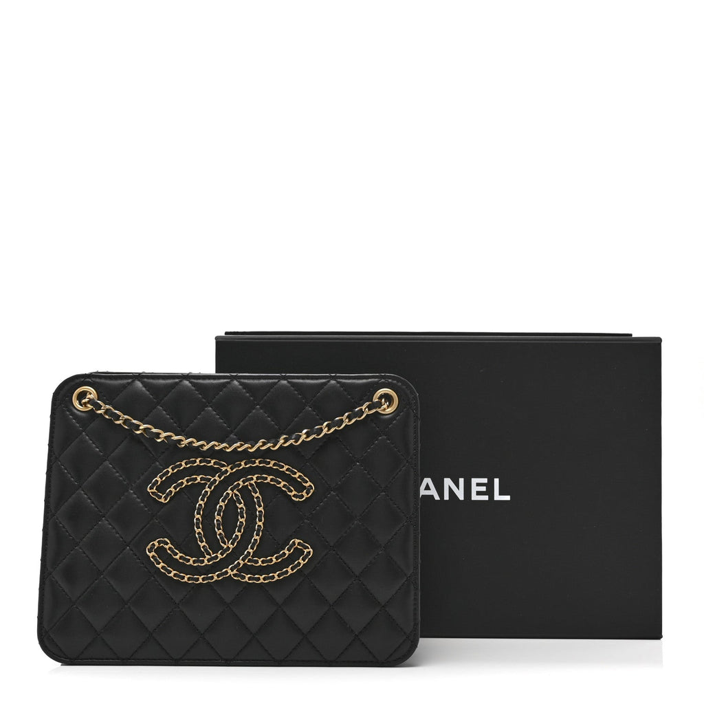 Calfskin Quilted CC Chain Accordion Tote Black