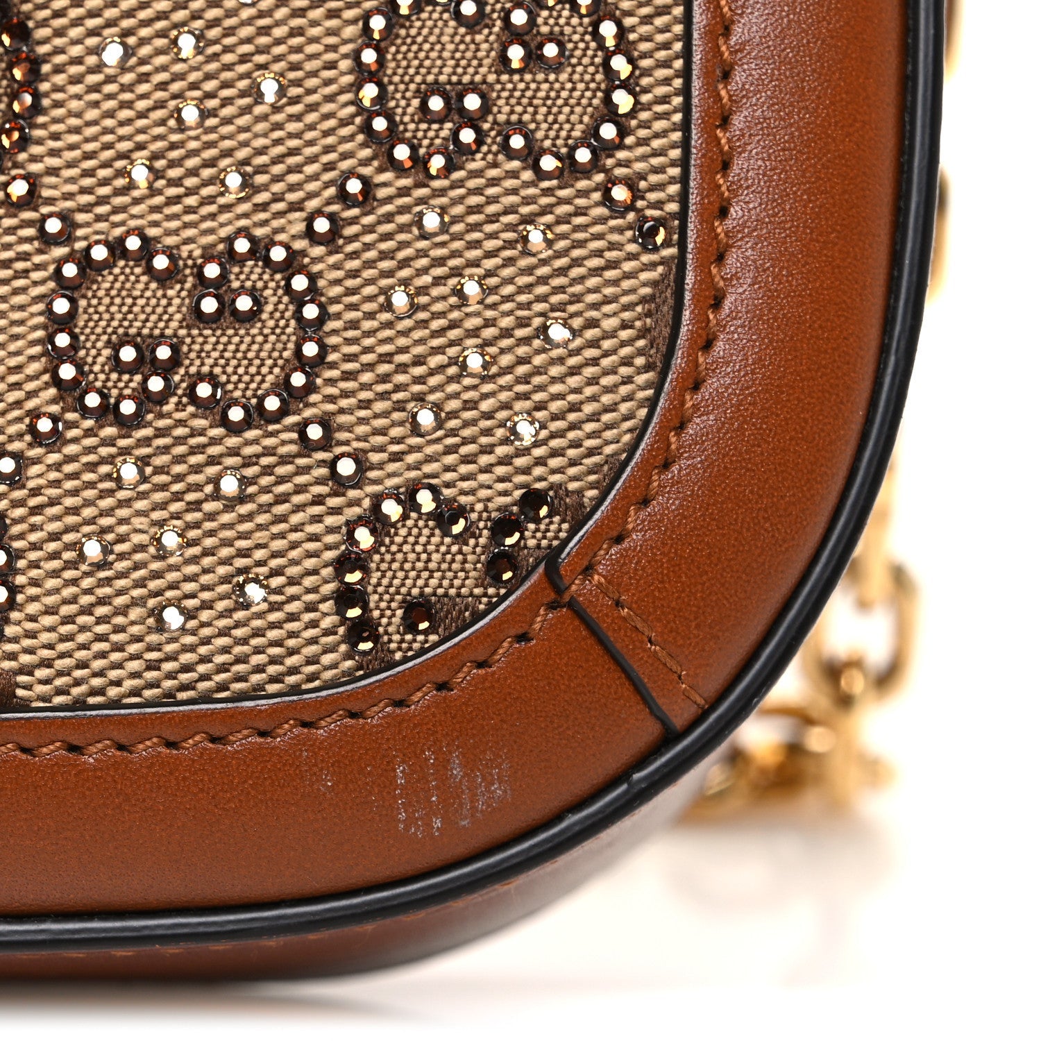 New Canvas Charisma Calfskin Crystal GG Monogram Mini Horsebit 1955 Shoulder Bag Camel Ebony