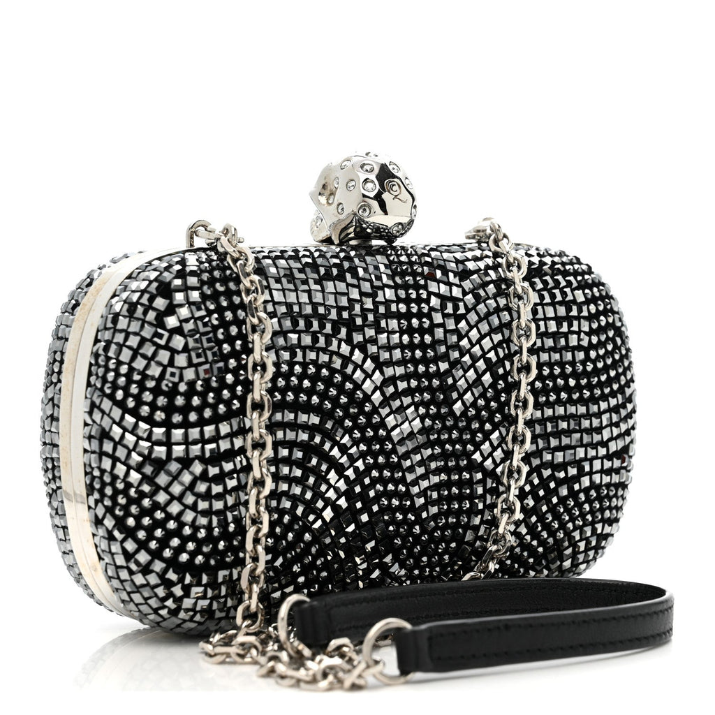 Crystal Nappa Classic Art Deco Skull Clutch Black Silver