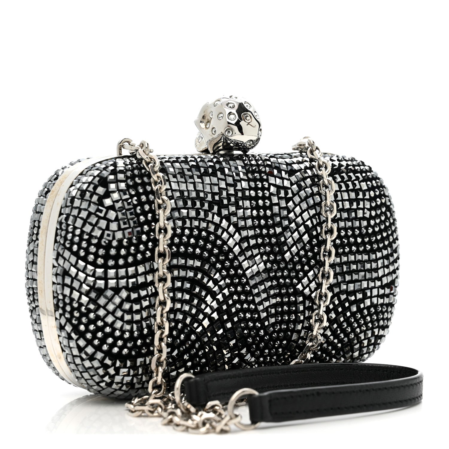 Crystal Nappa Classic Art Deco Skull Clutch Black Silver