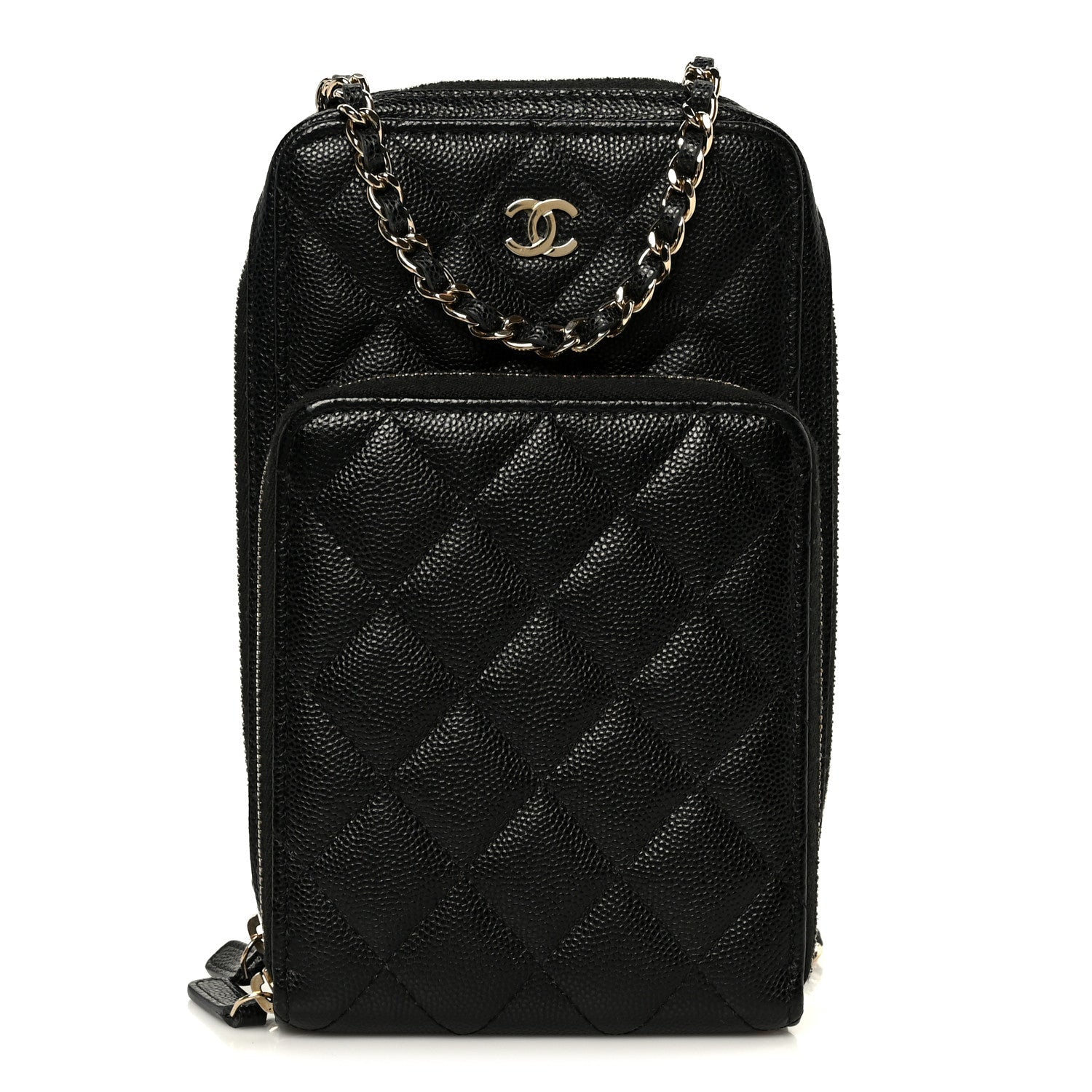 Caviar Quilted Phone Holder With Chain Black