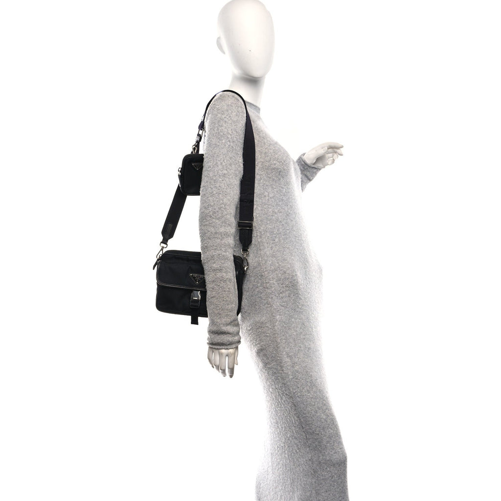 Re-Nylon Saffiano Pocket Single Snap Buckle Shoulder Bag Black