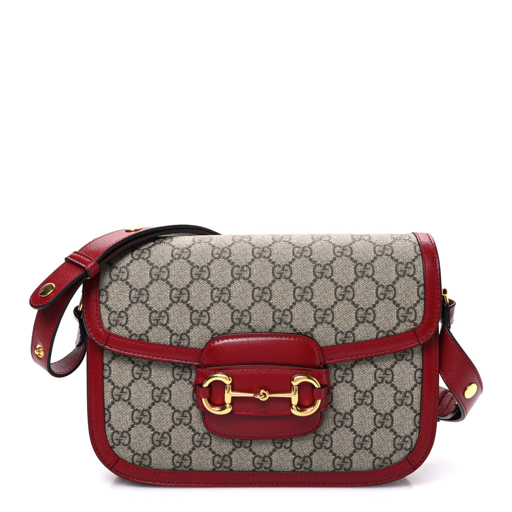 GG Supreme Monogram Azalea Calfskin Horsebit 1955 Shoulder Bag Beige Ebony New Cherry Red