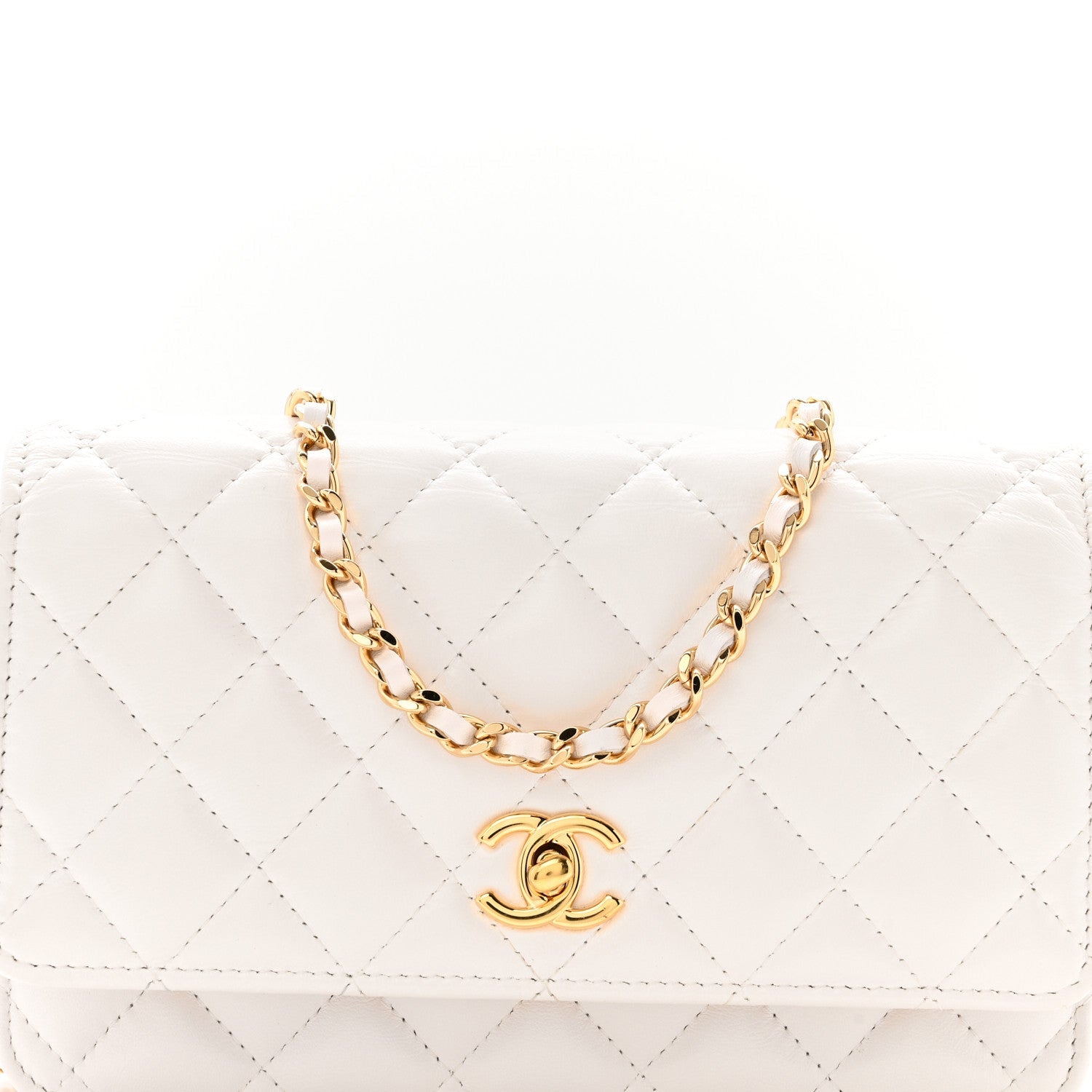 Shiny Crumpled Calfskin Quilted Enamel Heart Wallet On Chain WOC White