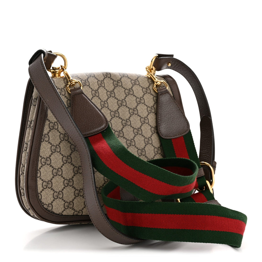 GG Supreme Monogram Textured Dollar Calfskin Web Medium Blondie Shoulder Flap Bag Beige Ebony New Acero
