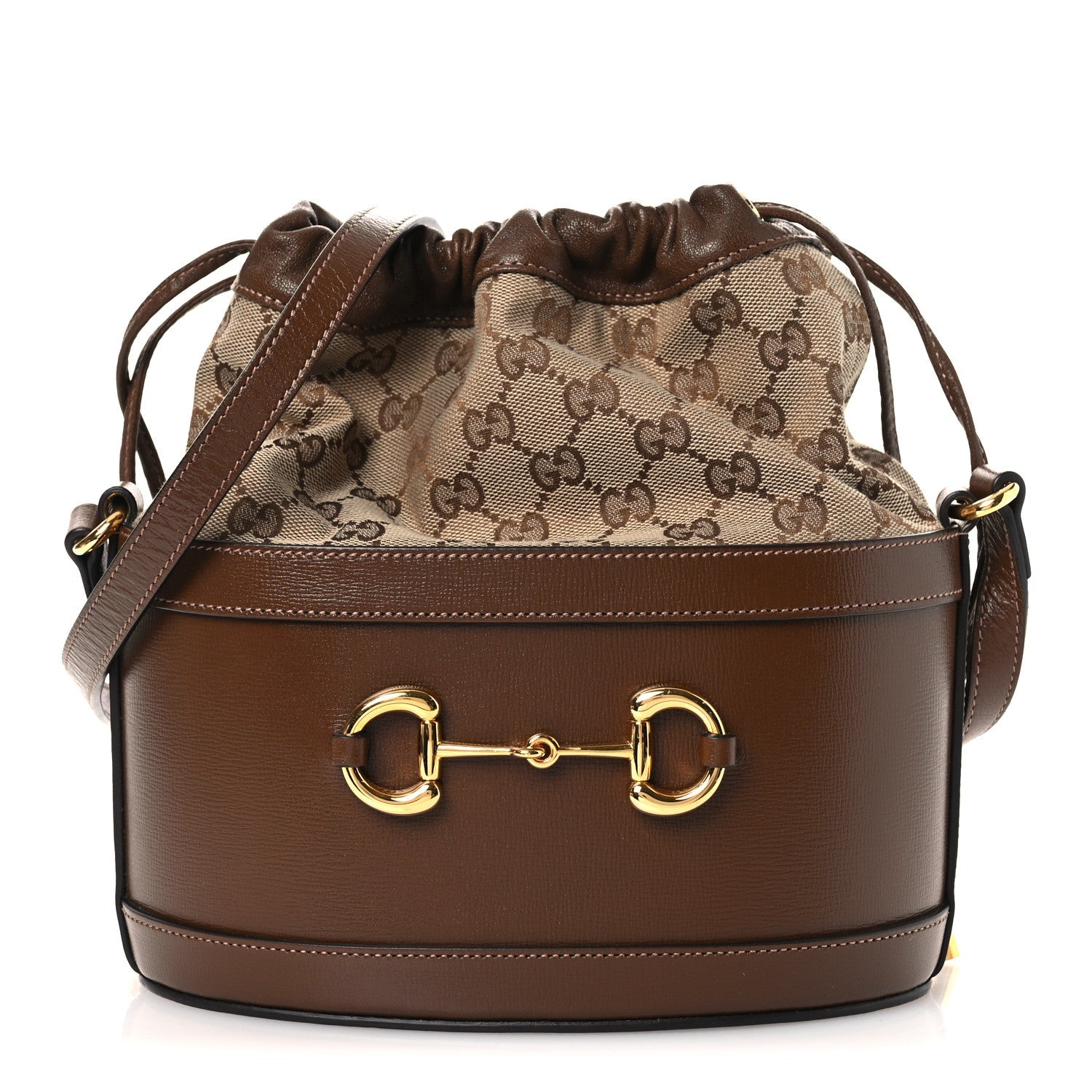 Monogram Textured Calfskin Horsebit 1955 Drawstring Bucket Bag Beige Brown Sugar