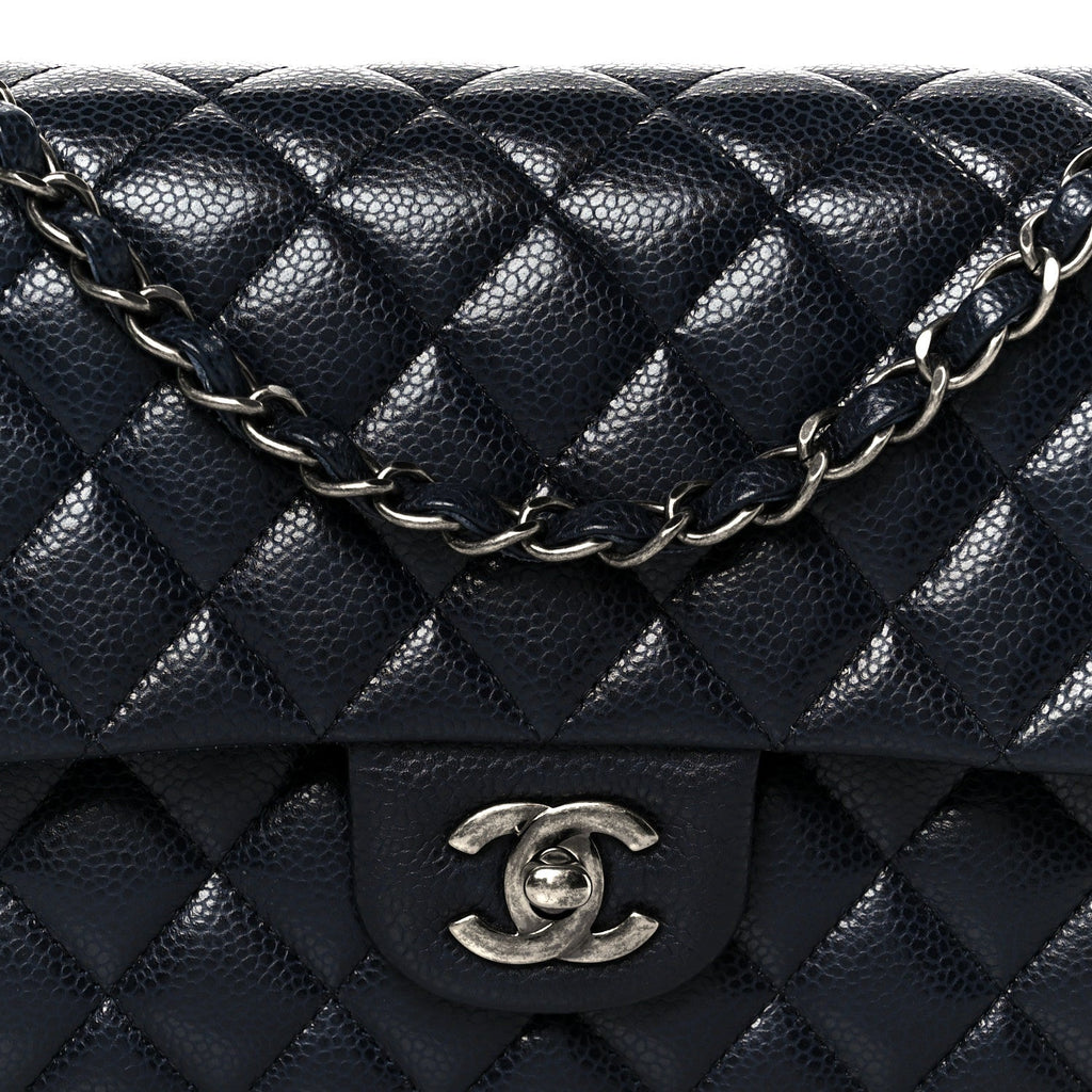 Caviar Quilted Medium Double Flap Navy