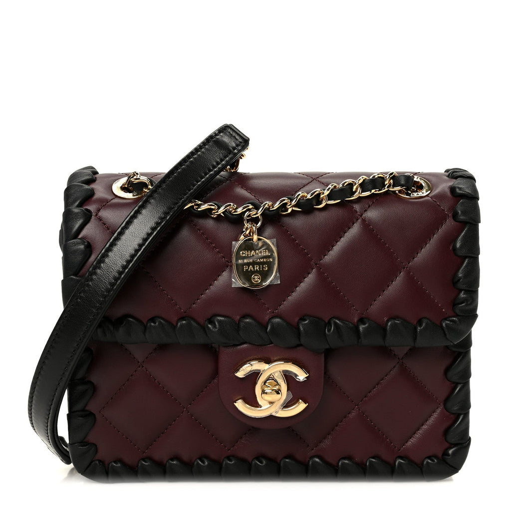 Lambskin Braided Calfskin Mini Flap Bag Dark Burgundy Black