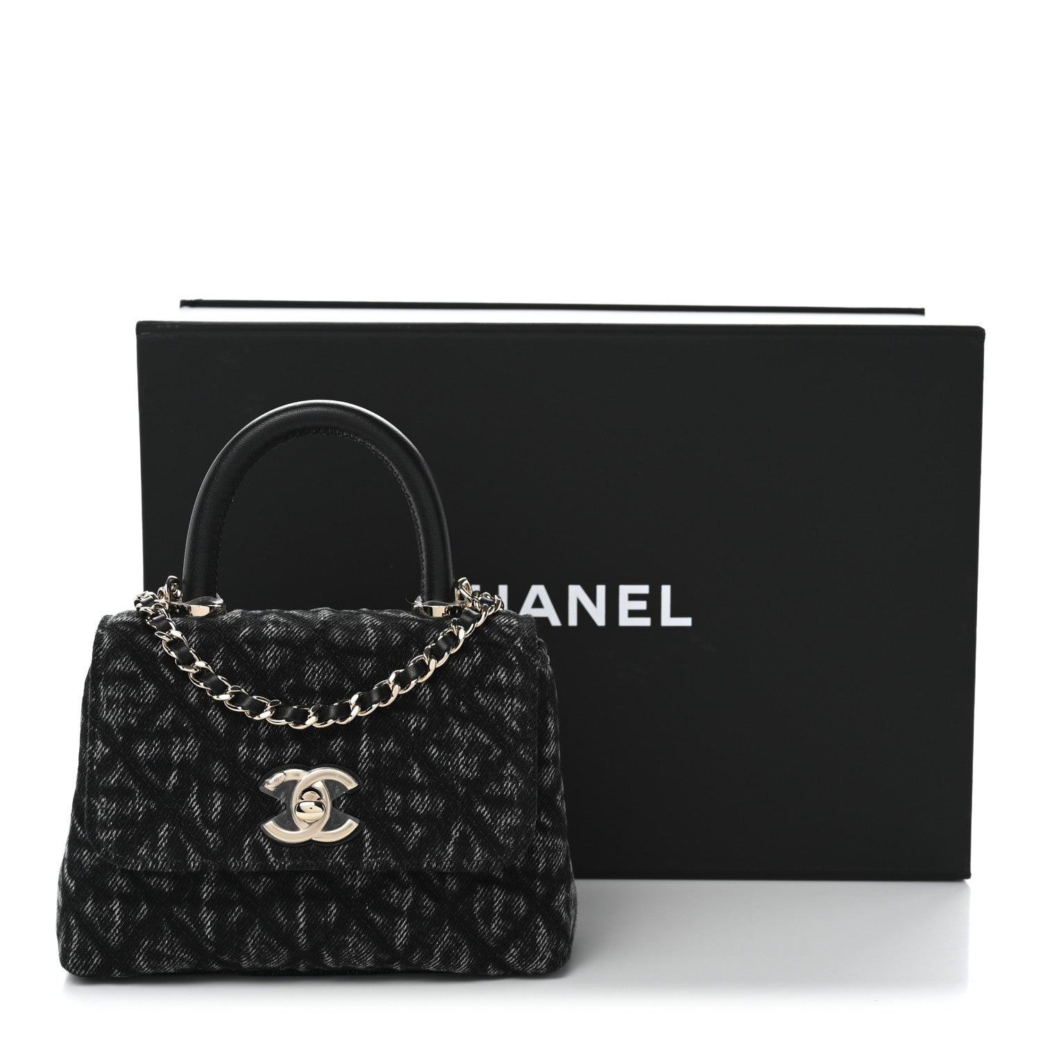 Washed Denim Quilted Coco Handle Clutch With Chain Black