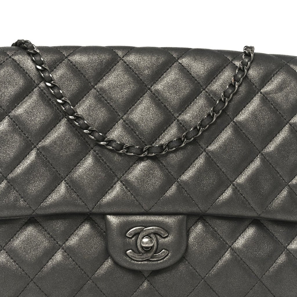 Metallic Lambskin Quilted Clutch With Chain Flap Dark Grey