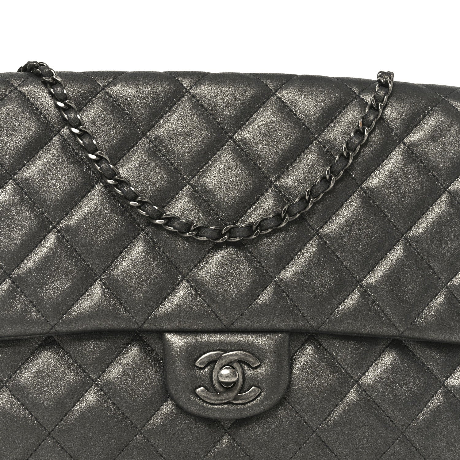 Metallic Lambskin Quilted Clutch With Chain Flap Dark Grey