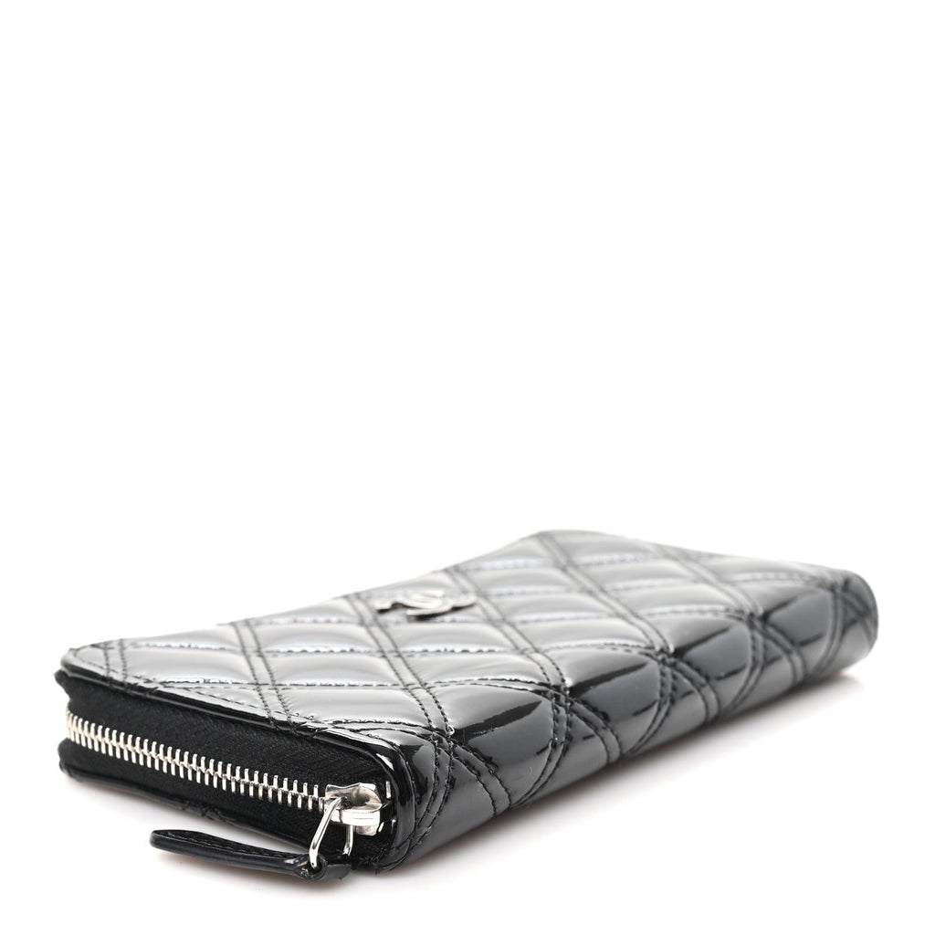 Patent Quilted Double Stitched Zip Around Wallet Black